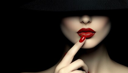 Elegant woman with red lipstick and dark hat, shushing gesture in moody fashion portrait