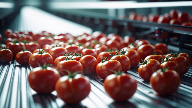 A close-up view showcases ripe tomatoes moving on a conveyor belt in a food factory.