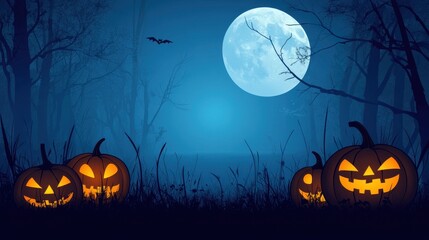 Halloween night scene with glowing pumpkins, full moon, and spooky forest. Perfect for Halloween themes and backgrounds.