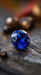 Radiant sapphire gem on textured surface captures light and depth in a close up macro shot with shallow focus and blurred background creating a luxurious feel