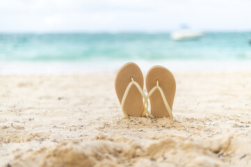 Flip flops resting on the warm sandy beach as the calm turquoise ocean stretches into the distance