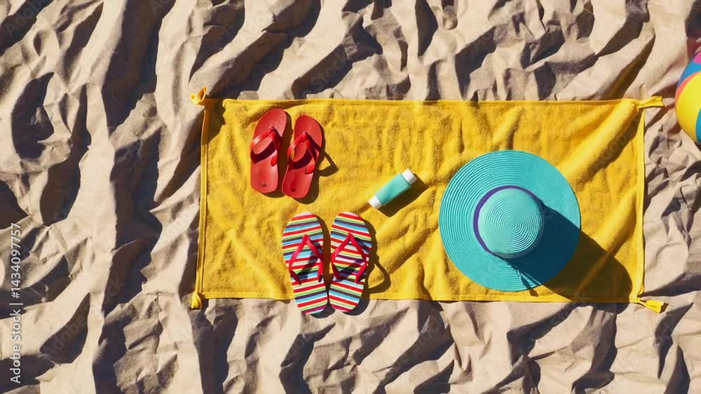 Poster vibrant summer scene unfolding with colorful beach accessories gradually appearing on yellow beach t