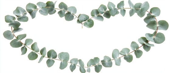 Heart shaped eucalyptus leaves on white background creating a romantic and natural composition for wedding or valentine's day with soft light and delicate details
