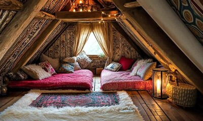 Bohemian hideaway: Cozy attic living space designed for relaxation and escape