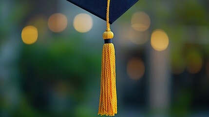Close-up of a graduation cap with a yellow tassel, blurred lights in the background