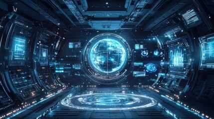 Obraz premium Futuristic spaceship interior with holographic displays and a central globe. Concept of space exploration, technology, and science fiction.