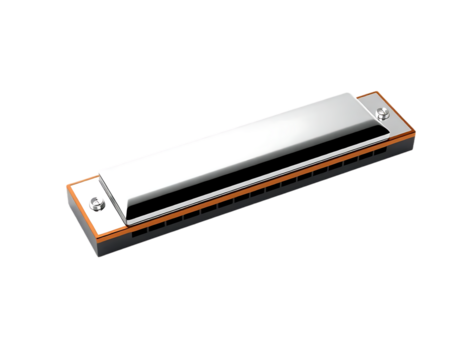 Close-up of a shiny, chrome harmonica on a transparent background.