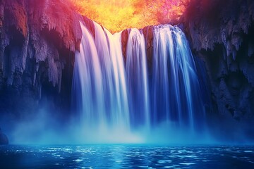 A cascading waterfall blending into a misty pool below, its glow reflected in vibrant highlights.