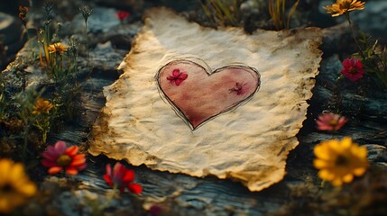 Ephemeral Nostalgia: A Timeworn Sheet with a Childinspired Illustration, Diffused Heart, and Pressed Wildflowers on an Old Corkboard