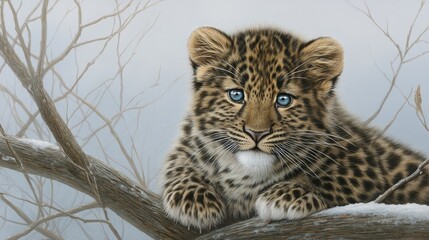 Obraz premium An Amur leopard cub with blue eyes
