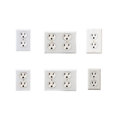 Array of white electrical outlets and switches on a clean, light background featuring various designs and placements