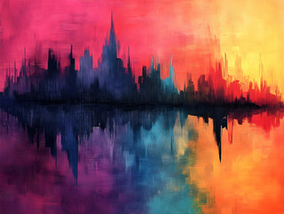 Obraz premium Colorful abstract cityscape reflected in a vibrant water body.
