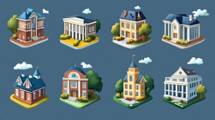 Nine colorful isometric representations of various public buildings.