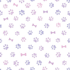 Lilac and pink colored doodles paw prints and bones seamless fabric design pattern