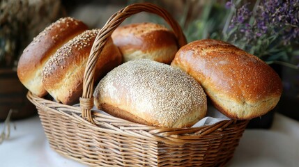 Assorted freshly baked bread rolls in a wicker basket with rustic background and lavender flowers for bakery food display and morning breakfast setting