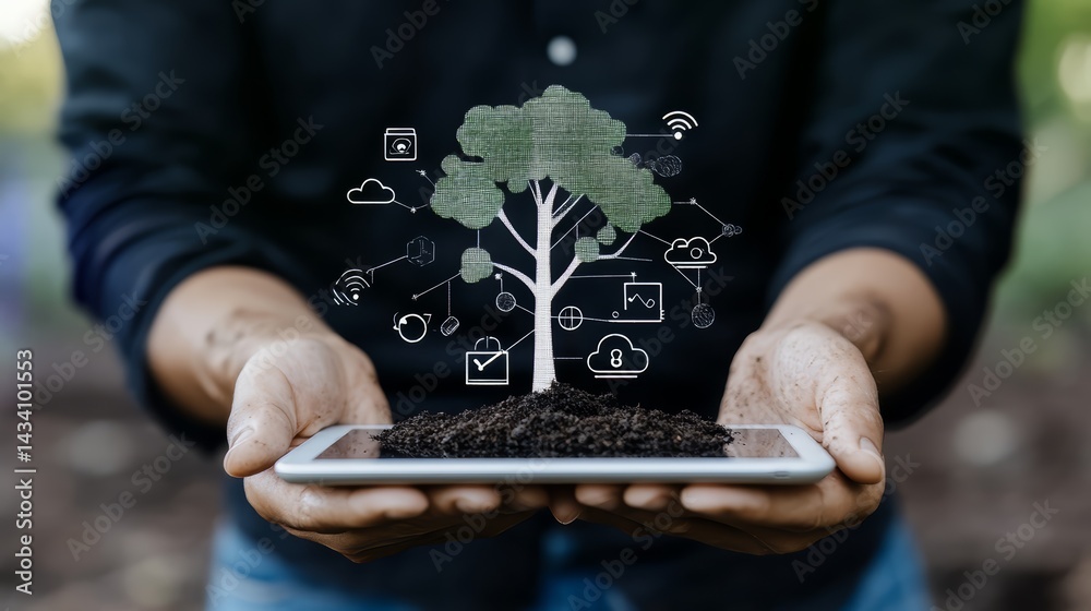 Poster Person is holding a tablet with a tree on it. The tree is surrounded by various icons and symbols, such as a laptop, a cell phone, and a keyboard. Concept of technology and nature coexisting