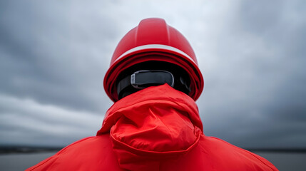 Obraz premium Emergency Personnel in Red Protective Gear Under Stormy Sky