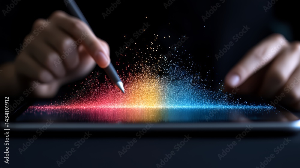 Poster person is using a tablet with a stylus to draw a rainbow. the tablet is on a black surface