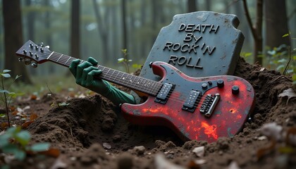 Death by rock and roll guitar grave zombie hand halloween music concert rockstar guitarist headstone forest