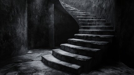 Obraz premium Dark, spiral stone staircase in a dimly lit, grunge cellar.