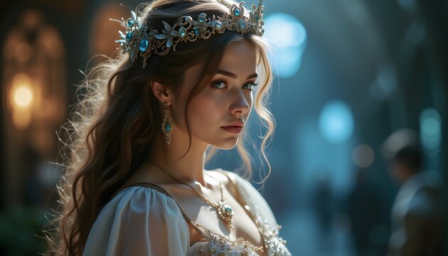 Portrait of beautiful queen with crown and jewelry fantasy art ai generated image for royalty concept