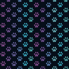 Colorful pink, green and blue pattern with doodle paw prints. Seamless fabric design pattern