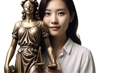 Asian WomanHolding Justice Statue With Confident Look