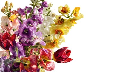 Elegant floral arrangement featuring vibrant tulips and delicate blossoms against a clean white backdrop creating a serene and inviting atmosphere perfect for various design projects