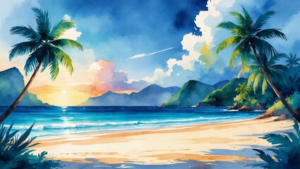 Vibrant watercolor tropical beach scene in daylight
