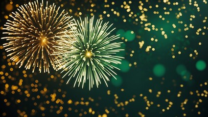 Vintage gold and green fireworks with bokeh effects