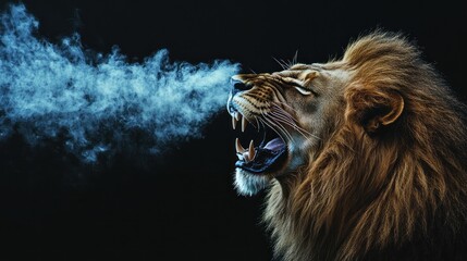 Fototapeta premium Majestic lion roaring, smoke exhaled, dark background.