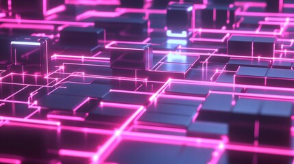 Obraz premium Abstract 3D render of cubes and glowing pink lines. Futuristic technology background.