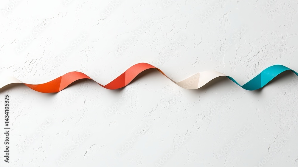 Fototapete Red, white, and blue ribbon is shown on a white background. The ribbon is long and curvy, and it is made of paper. The ribbon is positioned in a way that it seems to be flowing or moving
