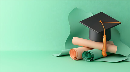 Graduation Cap and Diplomas on Green Background