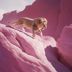 Obraz premium features a majestic lion running up a pink rock formation, set against a surreal and vibrant landscape.