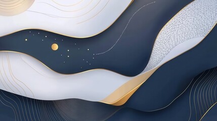 Fototapeta premium Abstract background with wavy shapes, golden lines and dots. Elegant design for wallpaper, banner, cover, or presentation.