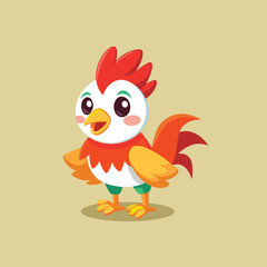 Obraz premium Cheerful rooster with orange beak and colorful plumage vector illustration isolated on yellow background