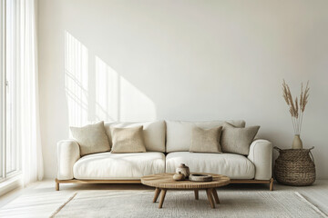Fototapeta premium A minimalist living room with a neutral-tone sofa, coffee table, and large windows, offering a bright, cozy, and inviting space for relaxation