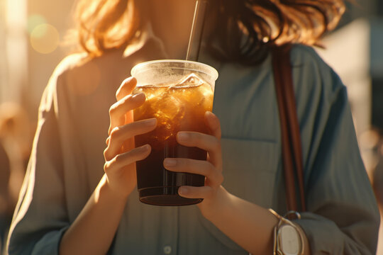 A woman holding a glass of iced coffee, condensation glistening on the surface, with a vibrant city street bustling in the background. - Powered by Adobe