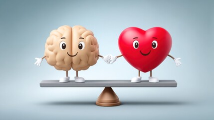 Balancing emotions heart brain connection in playful scene digital art minimalist background cheerful interaction