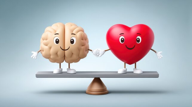 Balancing emotions heart brain connection in playful scene digital art minimalist background cheerful interaction - Powered by Adobe
