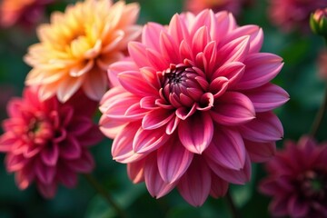 Intricate dahlia blooms, vibrant colors, close-up view, design, wedding, colorful
