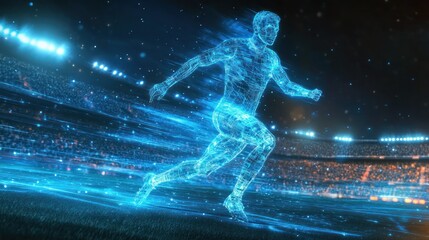Futuristic athlete running in a stadium.