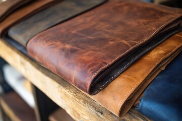 Assorted leather hides arranged on rustic wooden shelves.