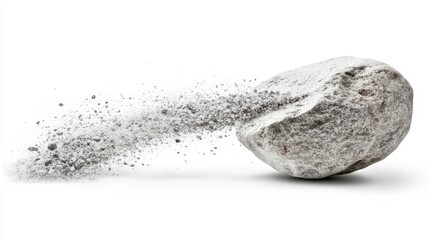 Dynamic studio shot of a rock with dust particles in motion against a clean white background symbolizing power and fragility in a minimalist style with sharp focus