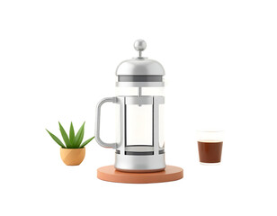 3D Cartoon French Press Coffee with Plant and Espresso Cup