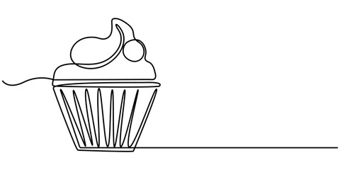 Cupcake with cream and cherries in continuous one line drawing. Minimalist dessert illustration, Continuous one line drawing of cupcake. One line drawing illustration of muffin cake. Pastry, bakery. 