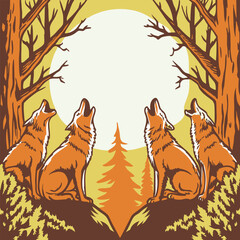 "Wolf silhouettes howling under moonlit skies with forest, mountain, and aurora backdrops, vector illustration"