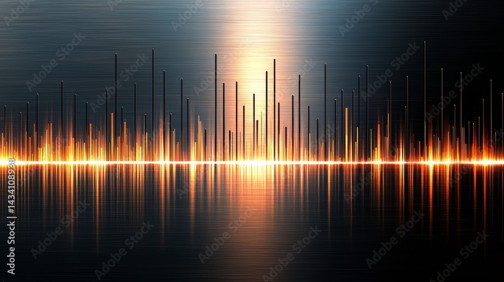 Poster Series of lines and curves in a dark background with a bright orange line in the middle. Concept of energy and movement, as if the lines are vibrating or pulsing