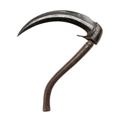 A metallic scythe with a curved blade and wooden handle, designed for cutting crops or grass.